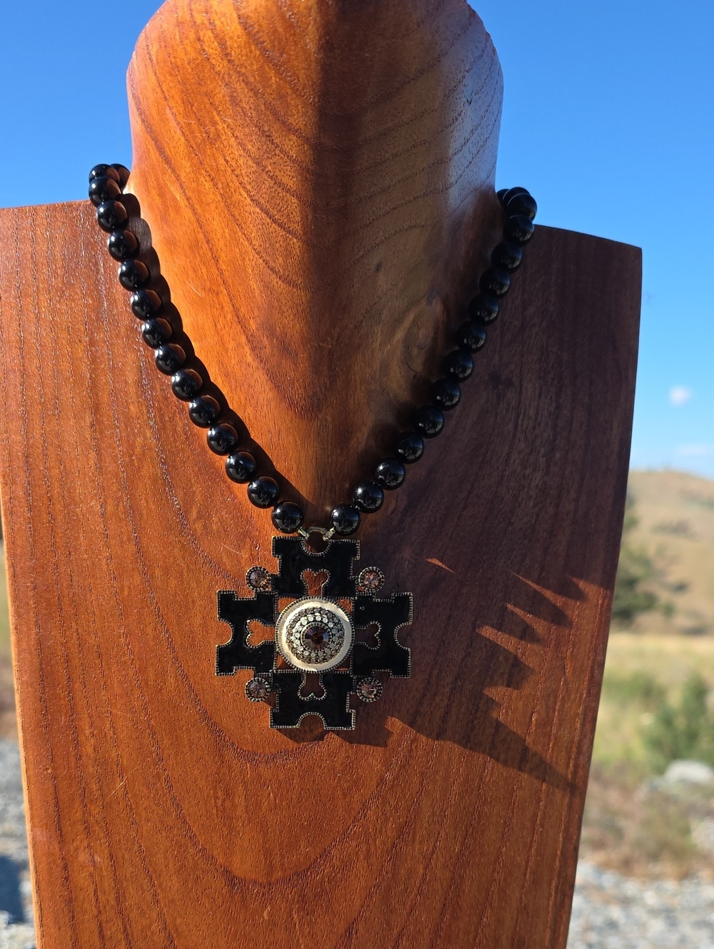 Heidi Daus Black Beaded Maltese Cross Pendant Necklace with Enamel & Gold Accent